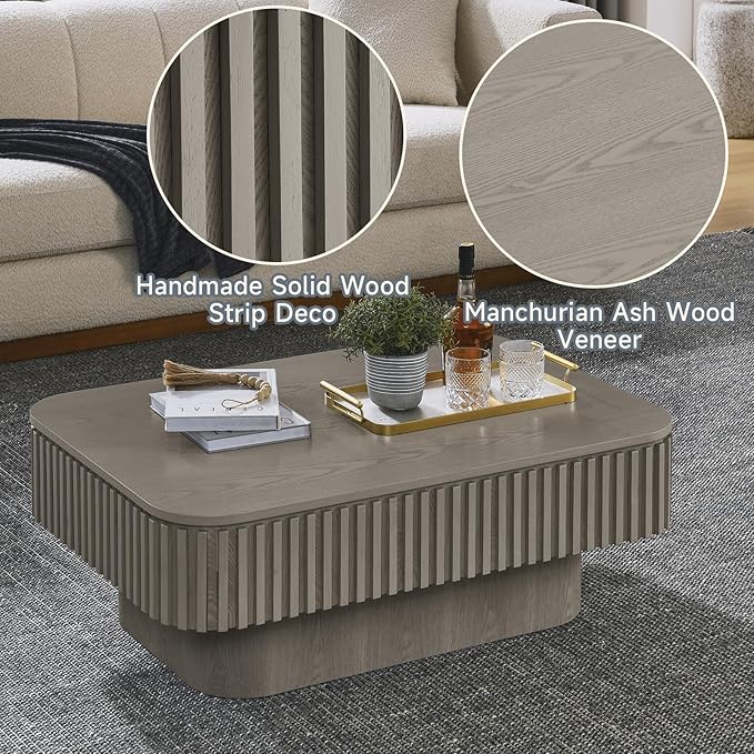 Lift Top Coffee Table for Living Room, Rectangle Handmade Solid Wood Strips