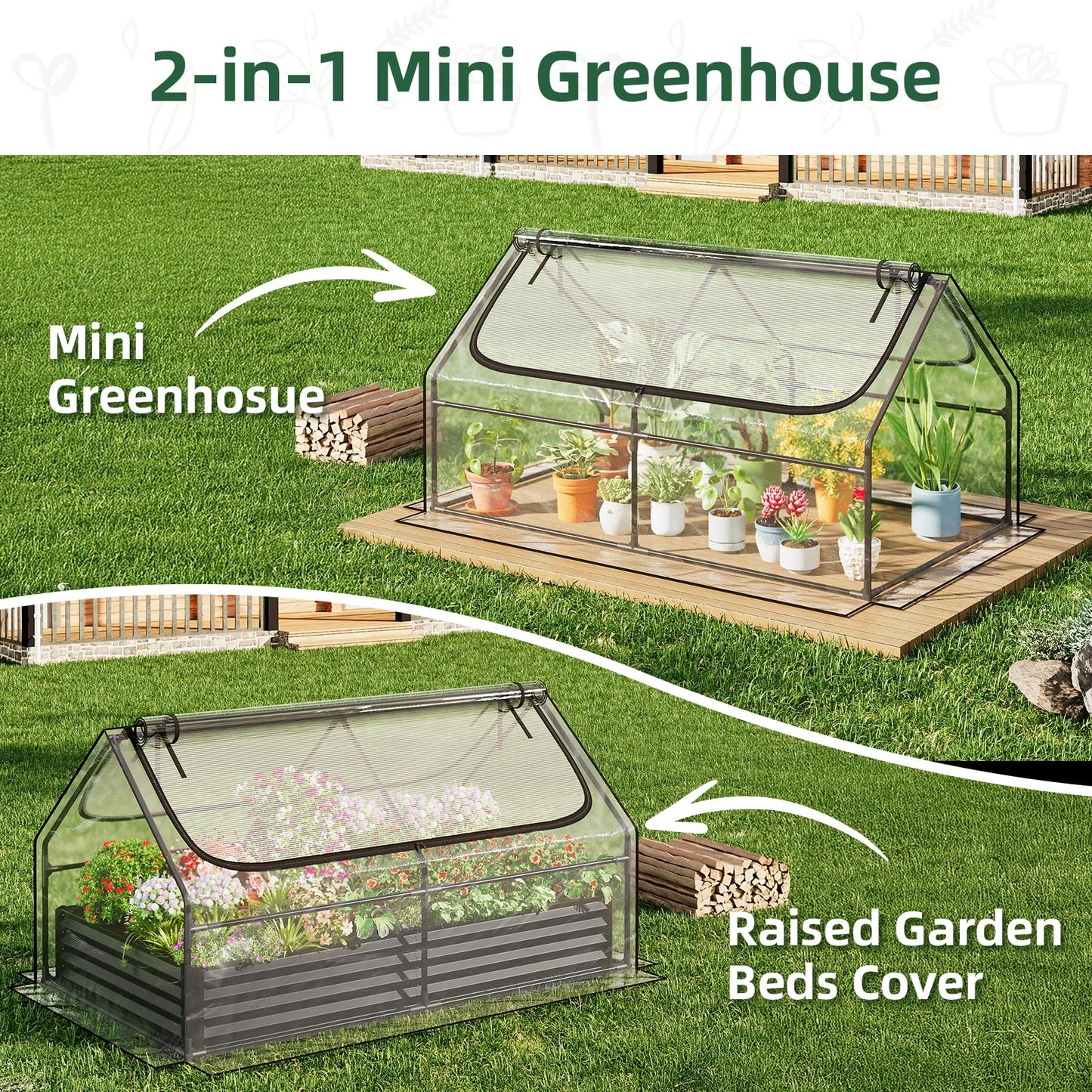 Superlele Mini Greenhouse for Outdoor, 6x3x3FT Portable Walk-in Greenhouse with 2 Large Zipper Doors, Transparent PVC Cover for Plant Protection, Ideal for Raised Garden Bed, Spring Gardening