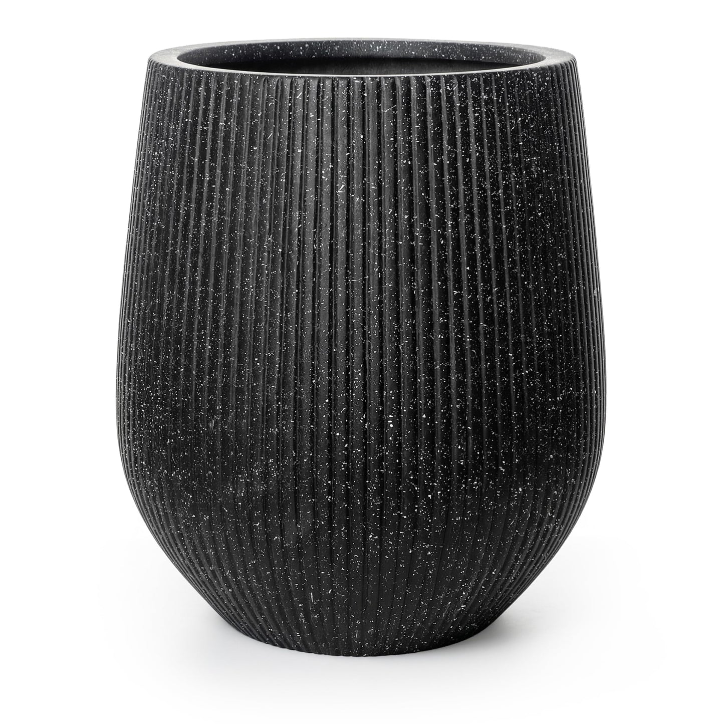 DTY Premium Mt Wilson Tall Tapered Fiberstone Planter for Indoor Outdoor Use, Modern Large Olive Tree Pot with Drainage Hole, 2 Coco Mats. Ribbed Black, Medium 15'' D x 16.7” H. 11.2” Pot Opening