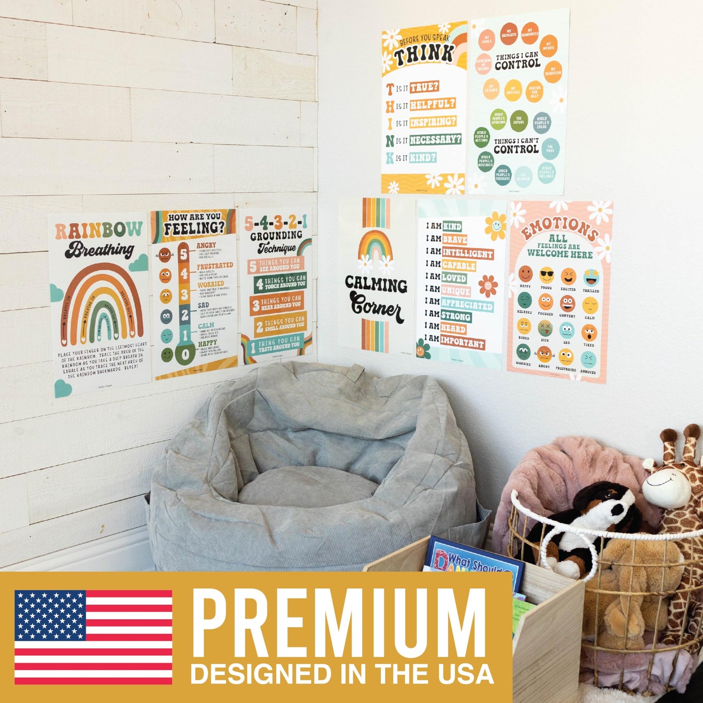 Hadley Designs 8 Calming Corner Posters for Classroom Must Haves - Calm Down Corner Supplies with Emotions Chart, School Counselor Mental Health Poster, Feelings Chart For Kids, Retro Classroom Decor