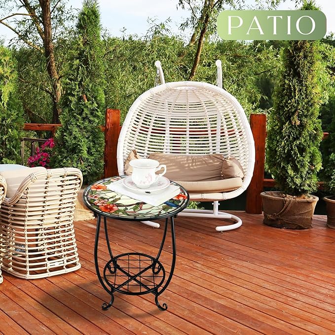 Cinnvoice Outdoor Side Table Round Small Mosaic Patio Accent Indoor End Plant