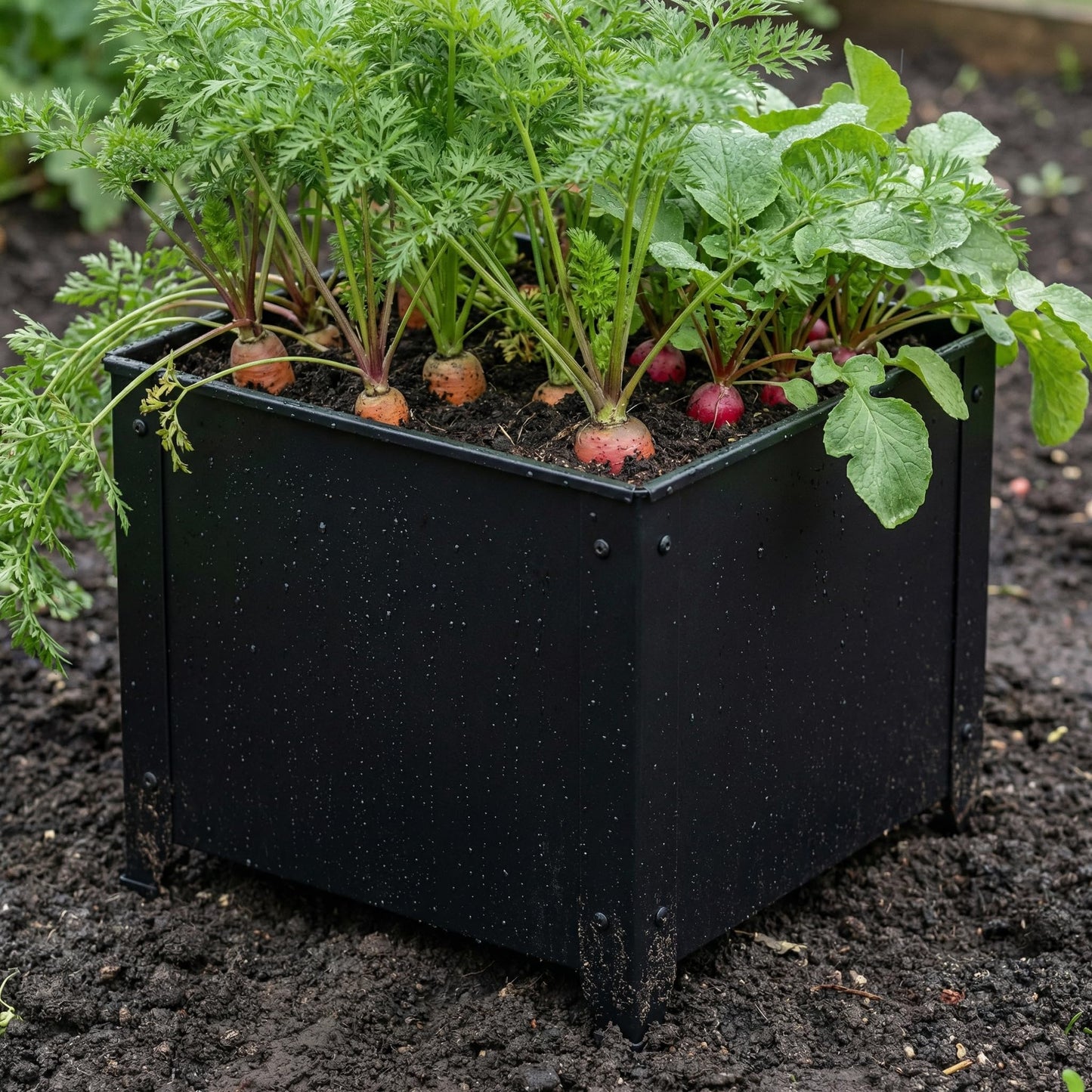 SCENDOR Black Metal Garden Planter Box – 16.5" x 16.5" x 17.9" Heavy Duty with Drainage Holes for Outside Indoor Patio Deck Decorative Raised Plant Container for Flowers, Vegetables, and Succulents