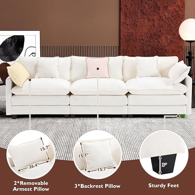 Ihanherry 111.4 Inch 3-Seater Cloud Sofa, Modular Sectional Couch, Modern Deep