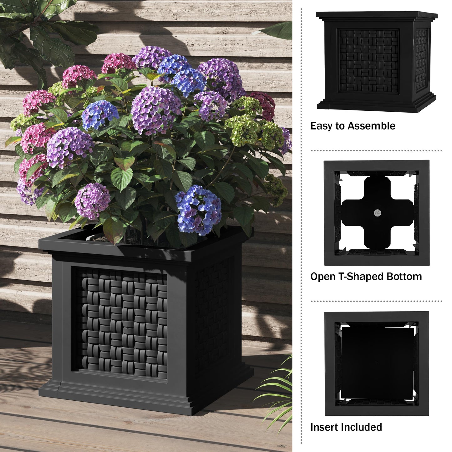 Rattan Style Outdoor Planter Box - 14.65-Inch-Square Decorative Flower or Plant Pot - Garden, Patio and Front Porch Decor by Pure Garden (Black)