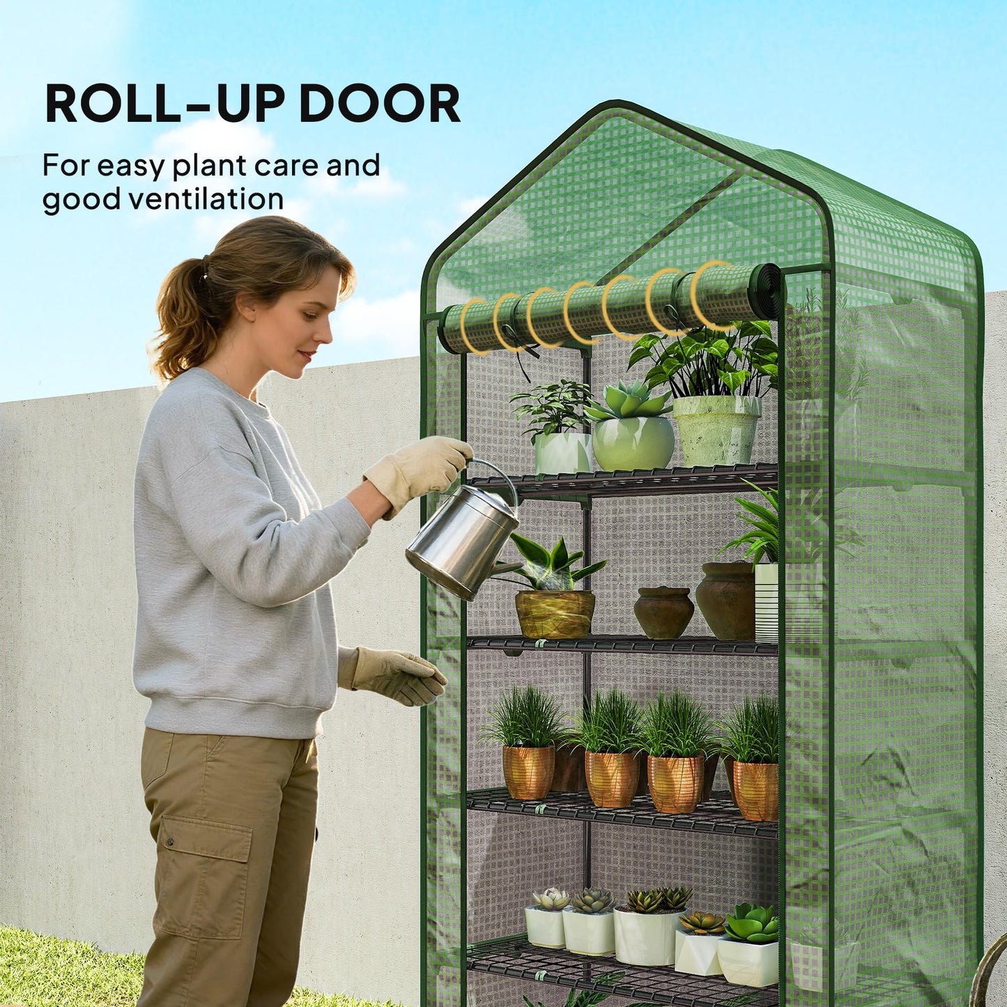 Outsunny 5 Tier Mini Greenhouse, 76" x 35.4" x 19.3" Small Portable Greenhouse with Reinforced PE Cover, Roll-Up Zippered Door, for Indoor Outdoor Garden Yard Backyard, Green