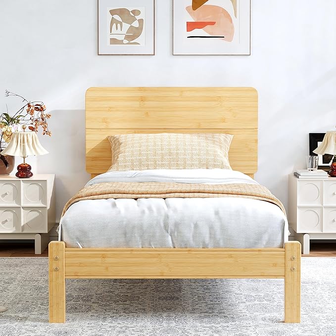 BOSRII 12in High Solid Bamboo Wood Platform Twin XL Bed Frame