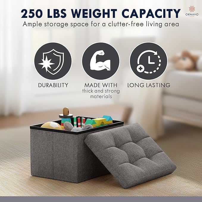 Ornavo Home Small Storage Ottoman Foldable Collapsible Rectangle Linen Ottoman