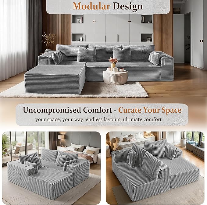 108" Oversized Cloud Sectional Couch, Comfort L Shaped Boneless Couch