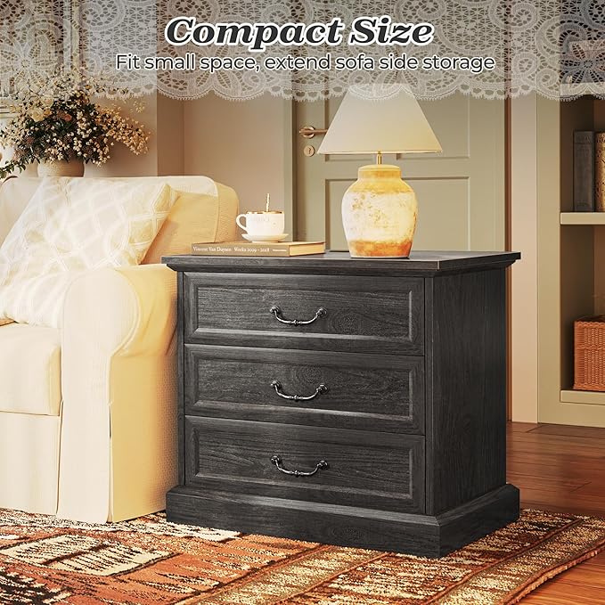 Huuger Nightstand with Charging Station, 3 Drawer Night Stand, 22 Inch Wider