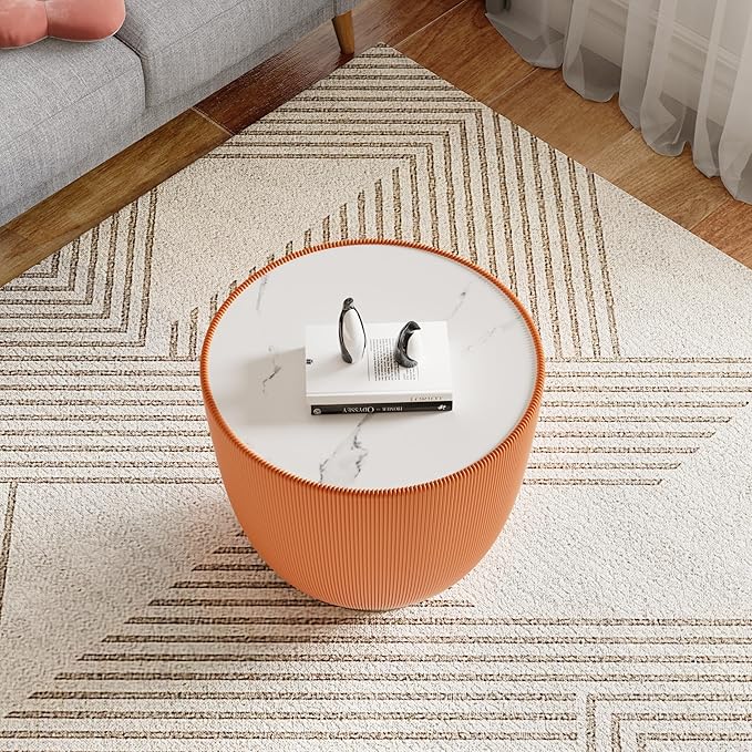 Henf Marble Round Side Table, 19.7" Fluted End Table