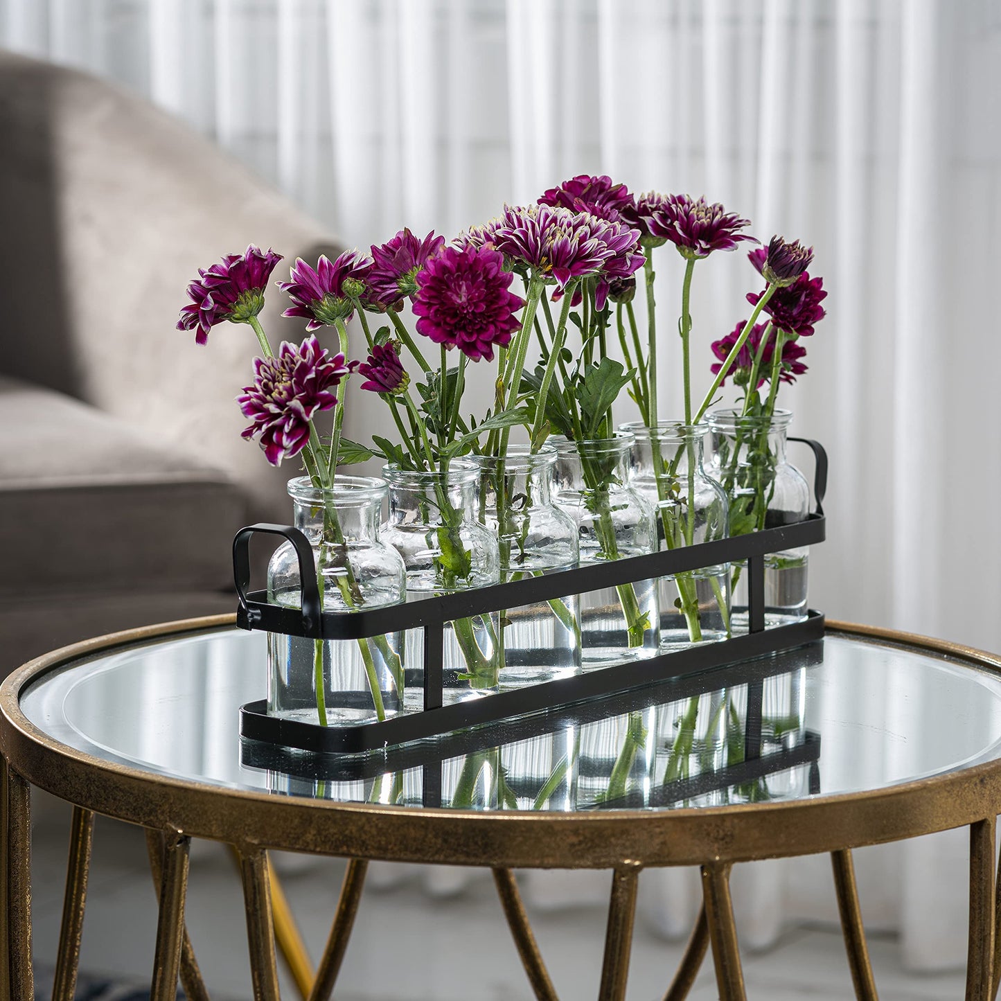 6pc Glass Flower Vase with Metal Holder, Best Vases Set for Home & Table Decor Flowers, Wedding Decorations, Kitchen, Bathroom, Bedroom, Modern Shelf Decor, Terrarium Arrangement