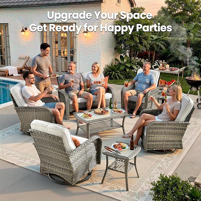 Weaxty 7 Pieces Patio Furniture Set, Wicker Outdoor Swivel Rocking Chairs