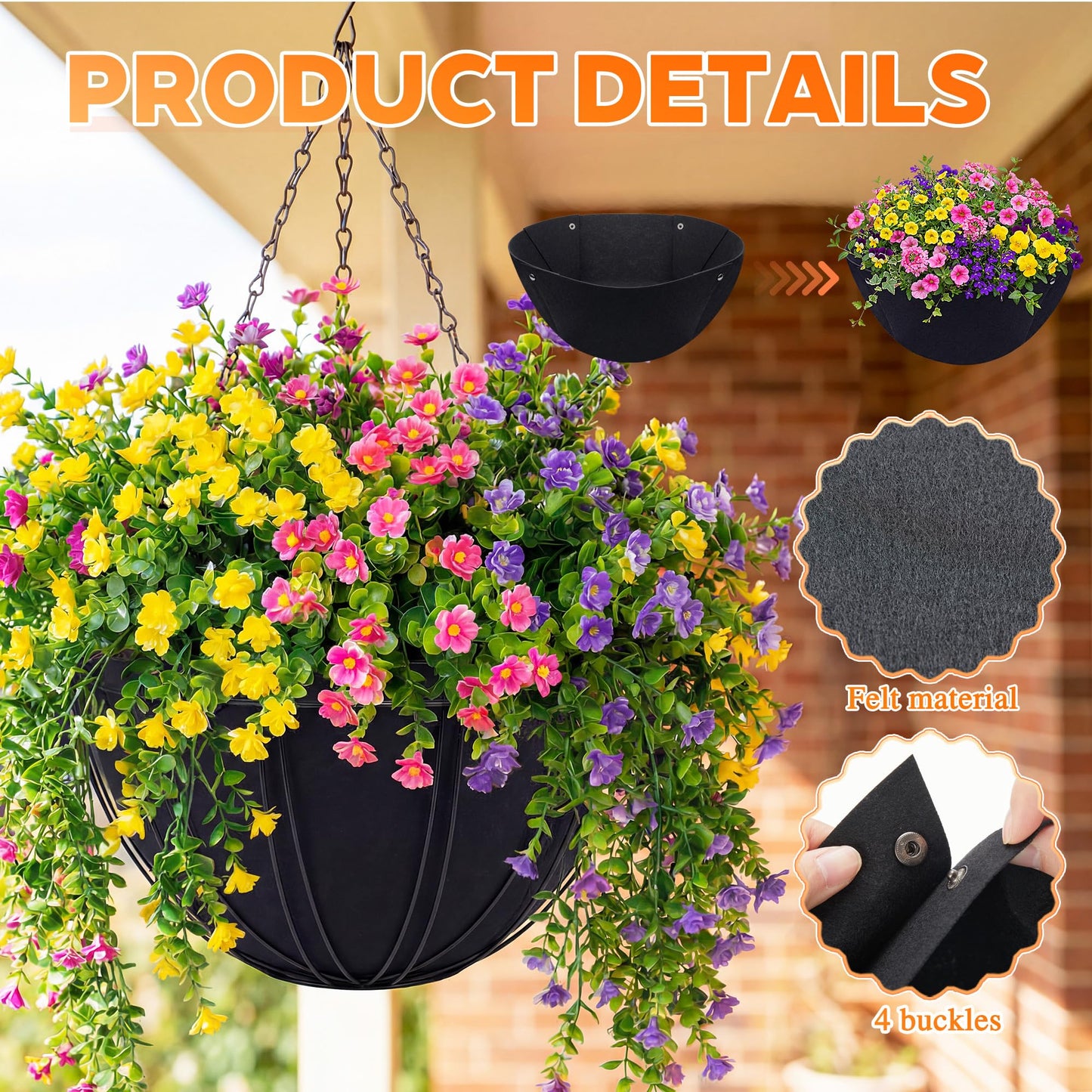 BreezeHug 6 Pack 14 Inch Hanging Basket Liners, Black Non Woven Planter Liners Replacement for Coconut Coir, Breathable Felt Round Pot Inserts with Snap Buttons Bird-Proof for Outdoor Garden