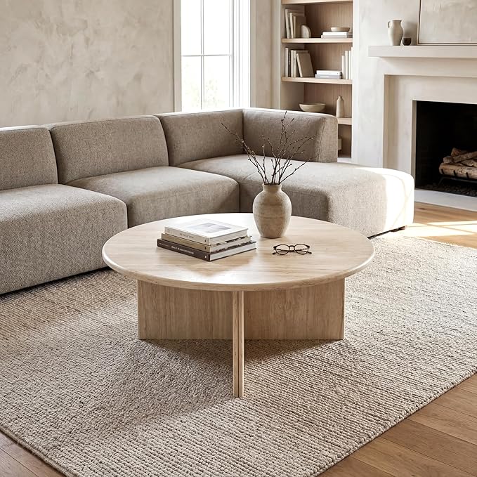 HNY Modern Round Coffee Table Marble Veneer Wood Center Table 31.5" Faux