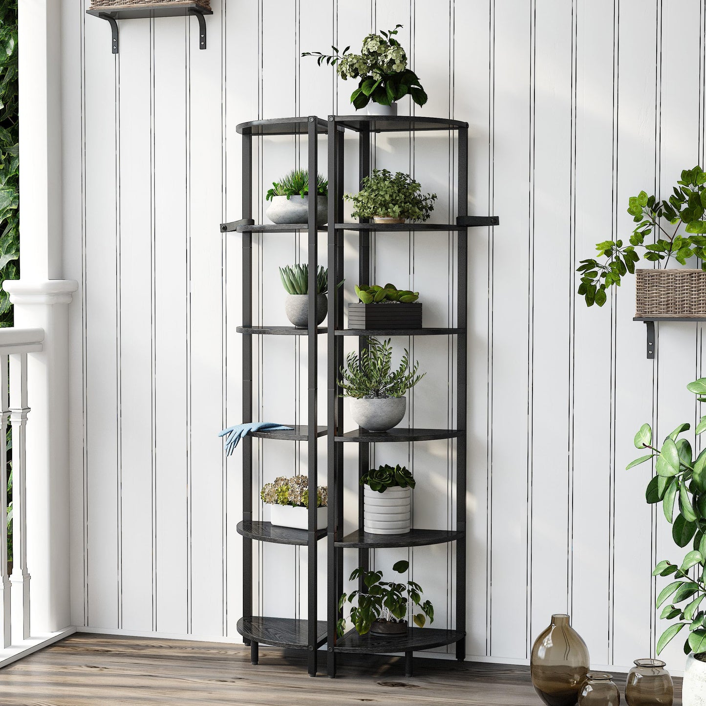 6 Tier Corner Shelf 63.1" Tall Corner Shelves stand Ladder shelf metal Standing Bookshelf Organizer Display Rack Bookcase Plant Stand Industrial for Living Room Bedroom Black Wood grain CS-001B3