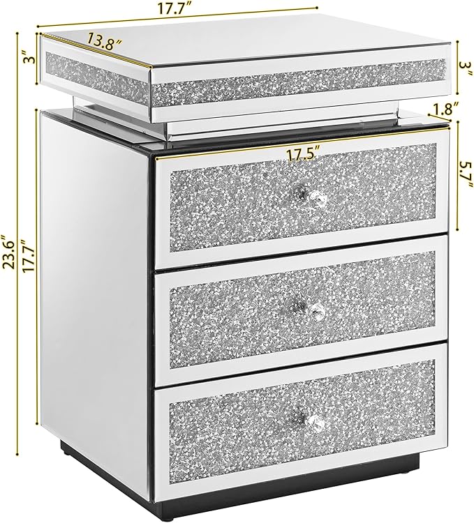 Mirrored Nightstand with 3 Drawers, Mirror End Table, Modern Bedside Table