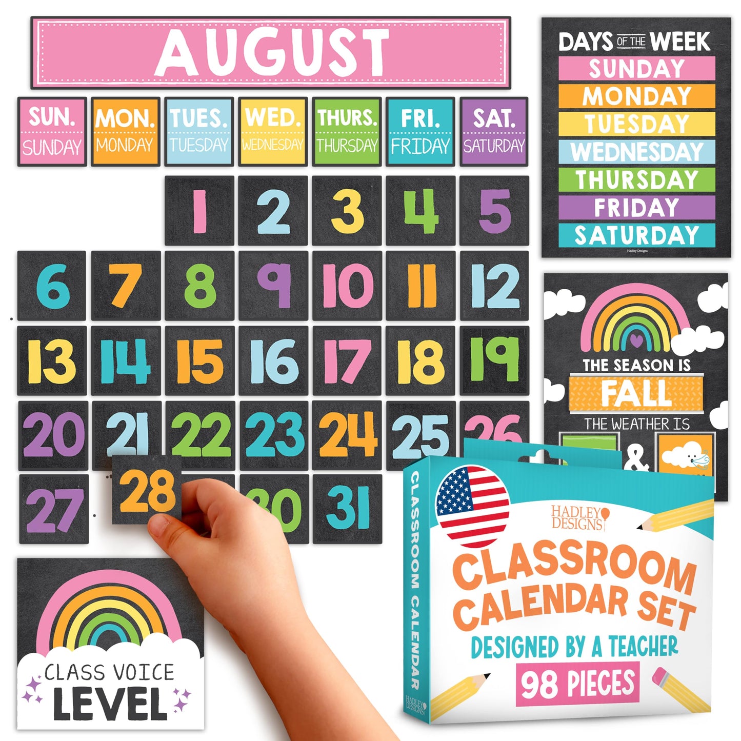 Hadley Designs Classroom Calendar Set Bulletin Board Decorations - Chalkboard School Calendar for Classroom Decor, Kindergarten Preschool Elementary Teacher Must Haves, Homeschool & Daycare Essentials