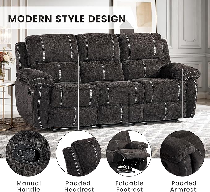 Betsy Furniture Modern Fabric Recliner Sofa Set, Loveseat w/Console, Recliner