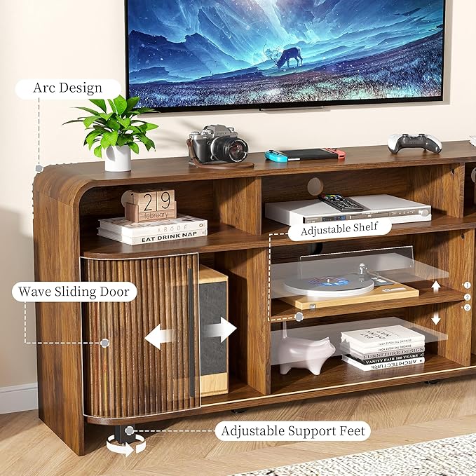 Walnut TV Stand for 65 70 75 Inch TV, Fluted Mid Century Modern TV Console
