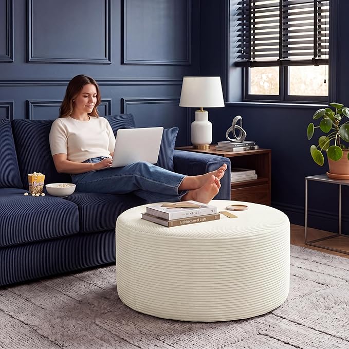 BSHOMGI Round Ottoman, Corduroy Ottomans Foot Stool, 27.5" Pouf Footstool