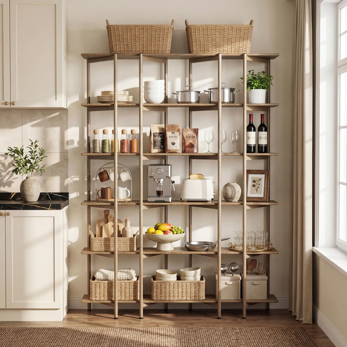 LITTLE TREE 70.87" Tall Open Bookshelf, 6-Tier Display Rack with Metal Frame & Wooden Shelves, Modern Bookshelf for Living Room, Home Office, Kitchen, Bedroom, Brown & Gold