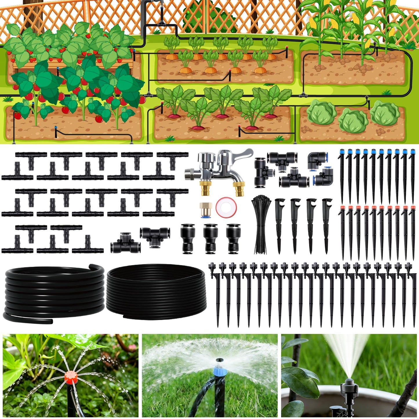 IRRIGARDENER Drip Irrigation System for Garden, Automatic Garden Watering System with 180FT 1/2” & 1/3” Tubing, Dual Faucet, Adjustable Nozzle Emitters for Garden, Greenhouse, Lawn, Potted Plants