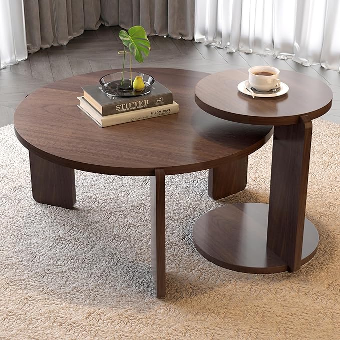 GDFStudio Round Nesting Coffee Table Set of 2, Modern Wooden Accent Side Table