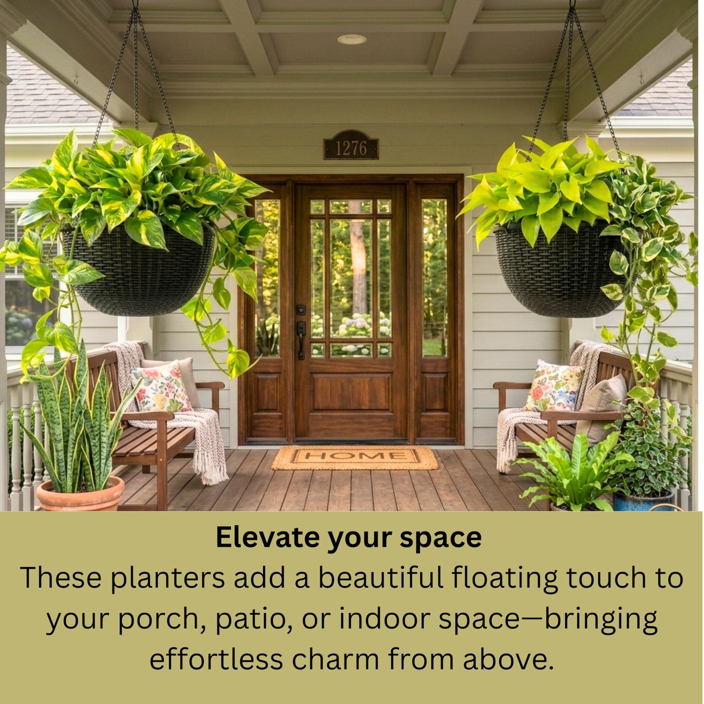LaLaGreen Bundle- 3 Pack, 11 Black + 3 Pack, 11 Inch Brown Self Watering Hanging Plastic Basket Rattan Style Round Plant Flower Pots with Water Level Indicator Balcony Porch Modern Indoor Garden Decor