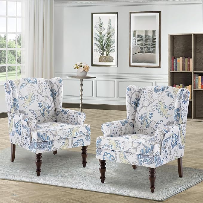 HUIMO Printed Wingback Accent Chair, Linen Upholstered High Back Armchair