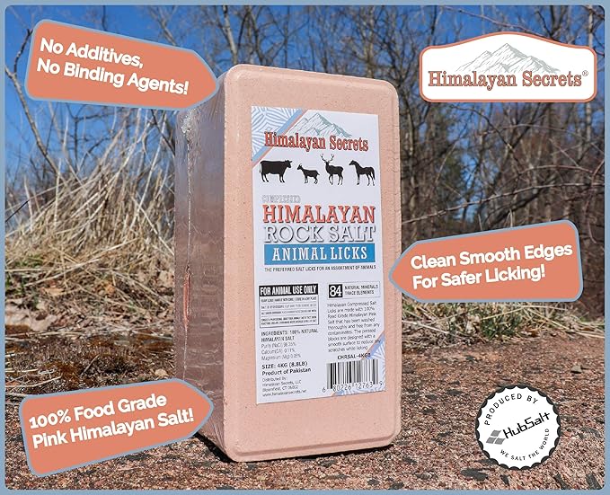 Salt Block for Deer & Horses – Compressed Mineral Salt Lick for Livestock, Cattle & Goats – Himalayan Secrets Pink Rock Salt Block (8.8LB/4KG, Block)