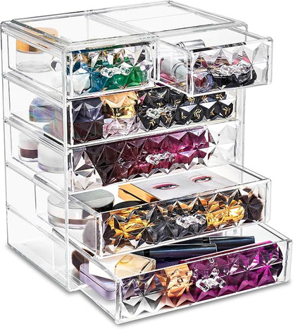 Sorbus Acrylic Makeup Organizer Set, 6-Drawer Vanity & Countertop Cosmetic Storage with Small & Wide Drawers, Diamond Makeup Storage for Brushes, Lipsticks, Jewelry – Holiday Gift for Women & Teens