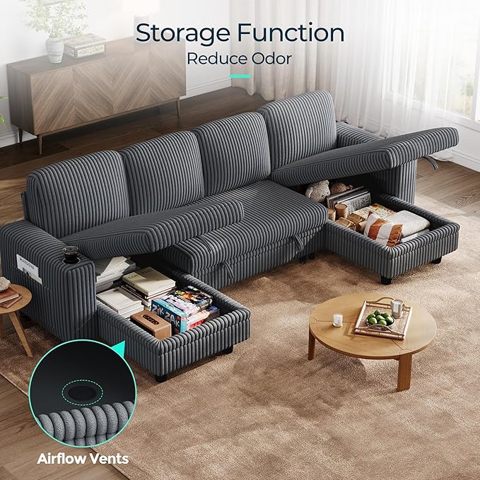 LINSY HOME Sectional Sofa with Pull Out Bed, 4 Seats Corduroy Reversible