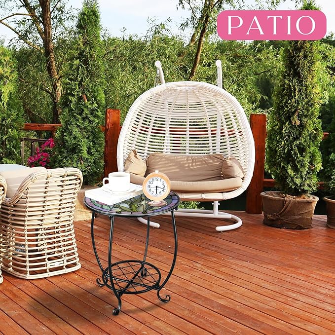Cinnvoice Outdoor Side Table Round Small Mosaic Patio Accent Indoor End Plant