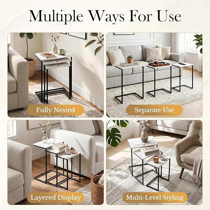 SUPER DEAL Nesting Tables Set of 3, Industrial C Shaped End Table Stackable