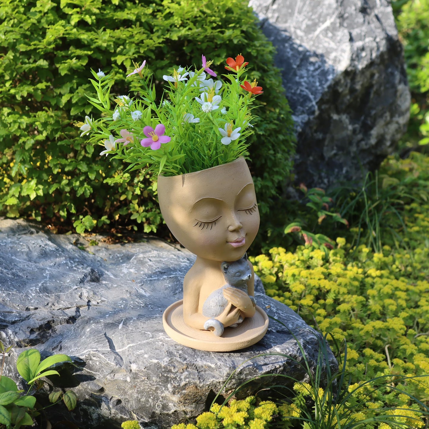 Dolkgy Cute Face Planter with Cat Head Planter Pot for Indoor Outdoor Plants, Succulent Planters with Drainage, Decorative Flower Pots for Home Garden Office Décor