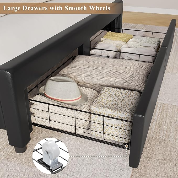 Full Bed Frame with Drawers, Hidden-Cubby & Shelves Storage Headboard with