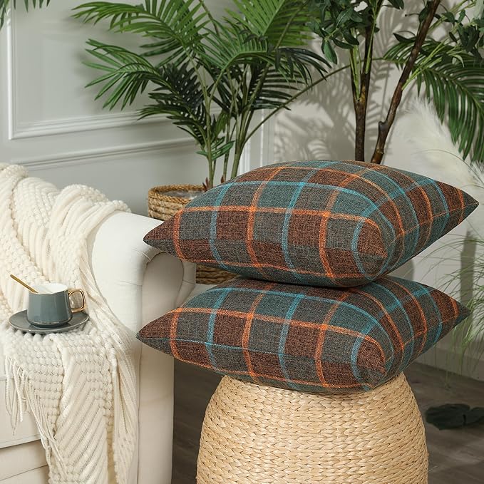 Stellhome Pack of 2 Faux Linen Buffalo Check Throw Pillow Covers, Farmhouse