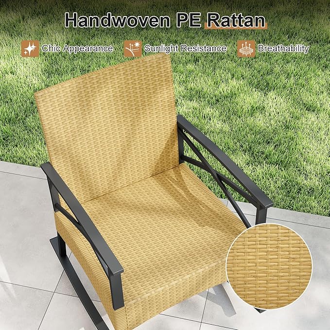 Tangkula 3 Pieces Outdoor Rocking Chairs Set, Rattan Heavy Duty Cushioned