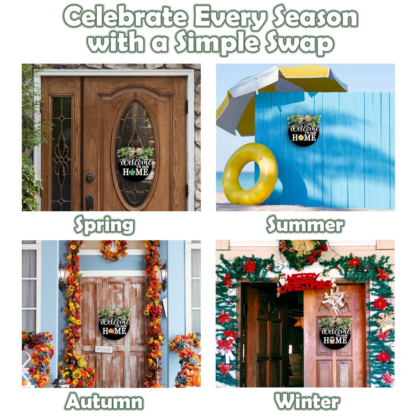 Seasonal Welcome Wood Sign - Rustic Round Wreaths Sign - Interchangeable Front Door Porch Wall Hanging Outdoor Decor - Seasons Holiday Halloween Christmas - Housewarming Gift For Family（Black） - A02