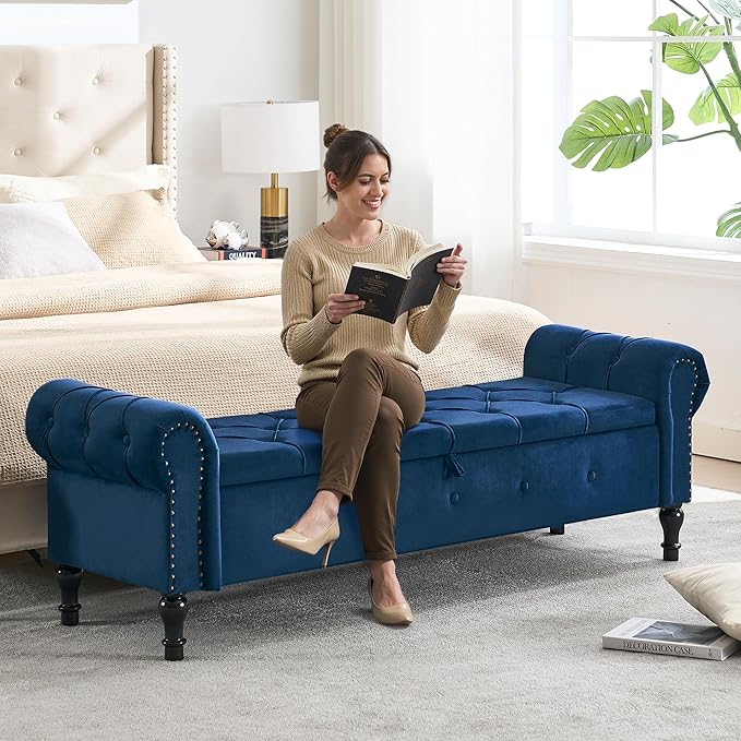 Storage Bench for Bedroom, Velvet 67" End of Bed Bench, King Size Bench