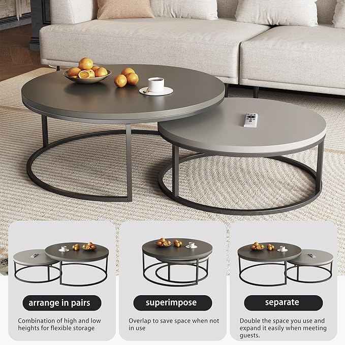 2-Piece Round Nesting Coffee Tables – Walnut Wood Top