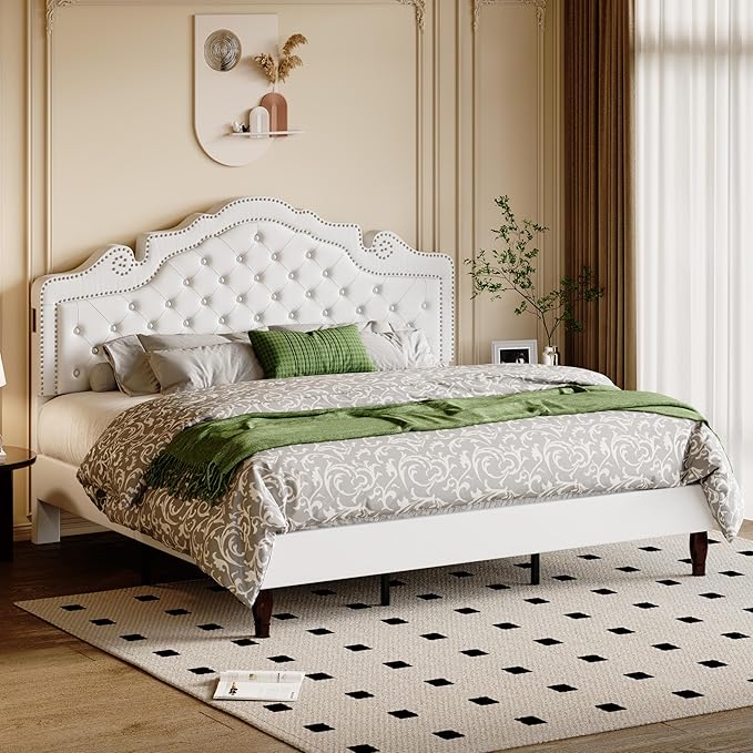 Allewie King Bed Frame with Adjustable Velvet Tiara Headboard, Upholstered