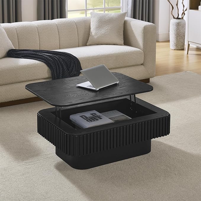 Lift Top Coffee Table for Living Room, Rectangle Handmade Solid Wood Strips