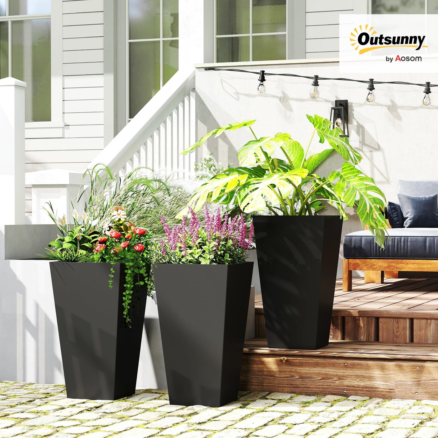 Outsunny Tall Planters for Outdoor Plants Set of 3, 28 in Taper Planters with Drainage Holes, Indoor Grande Plant Pots, Front Porch Decor, Black