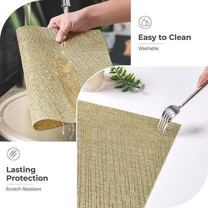 Leetaltree Gold Placemats Set of 6 - Heat Resistant Non-Slip Place mats for Dining Table, Washable Durable PVC Vinyl Woven Table Mats(Luxury Gold, 6)