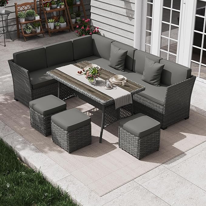 KIGOTY 7 Piece Patio Furniture Set, Outdoor PE Wicker Rattan Outdoor Dining Set
