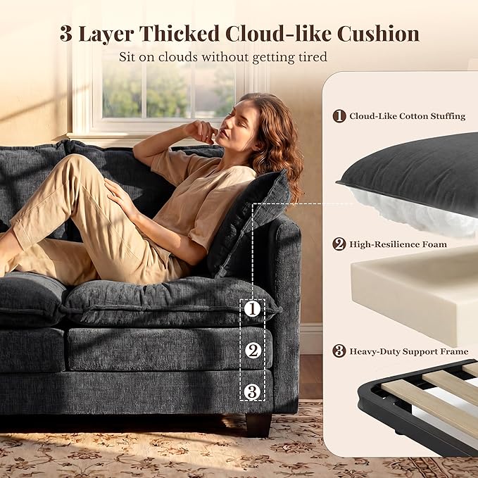 Loveseat Sofa with Ottoman, Cloud 3-Layer Cushion, Living Room, in a Box