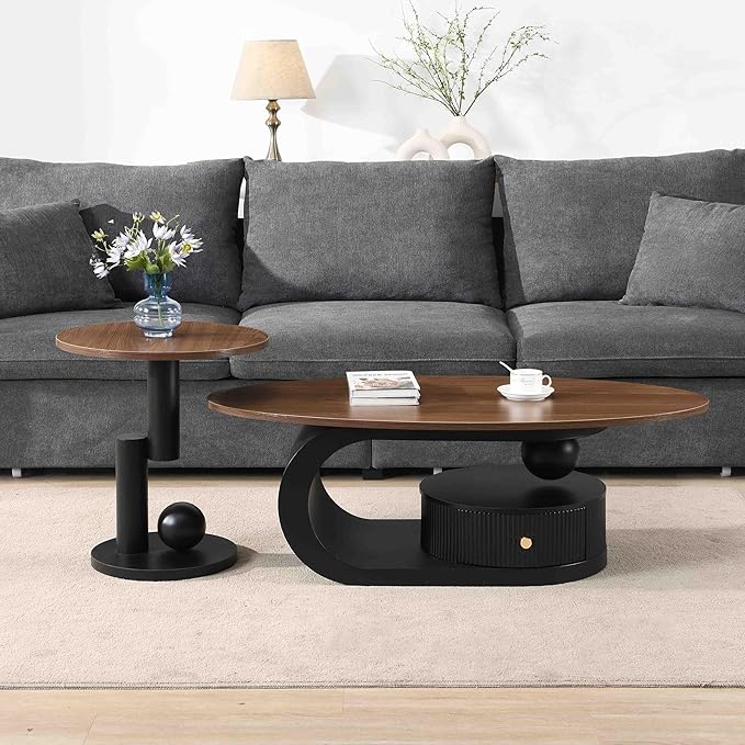 Modern Oval Coffee Table Set of 2, Wood Living Room Accent Coffee Table and