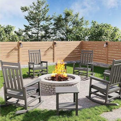 HDPE Rocking Chair Outdoor Set of 4 with 2 Side Table - Poly High Back Porch Rocker Chairs for Adults - All Weather Resistant Furniture for Patio Front Porch - Gray