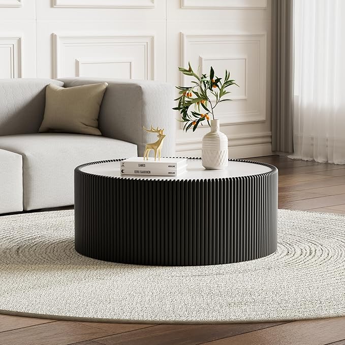SSLine Round Drum Coffee Table Modern Sintered Stone Top Coffee Table in Black